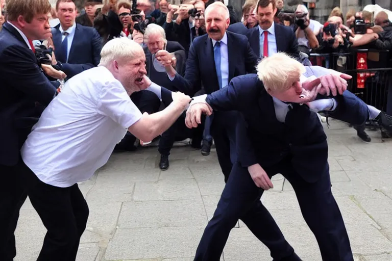 Prompt: jeremy corbyn punches boris johnson. blood on their faces