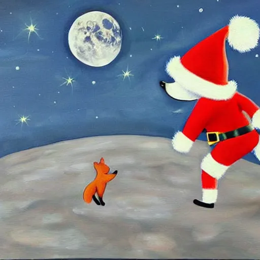 Image similar to fox animals who are wearing santa hats dancing on the moon, inspiring painting