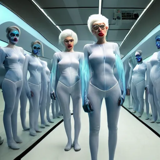 Image similar to troop of freak show women with white hair, white hair, tight light blue neopren suits, futuristic production facility, sci - fi, highly detailed, cinematic