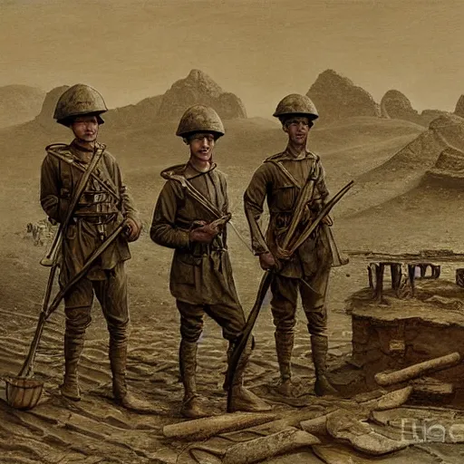 Image similar to ultra detailed photorealistic sepia - toned painting from 1 9 1 7, three british soldiers standing at an archaeological dig site in wadi rum, ultra realistic, painted, intricate details, lovecraft, atmospheric, dark, horror, brooding, highly detailed, by clyde caldwell