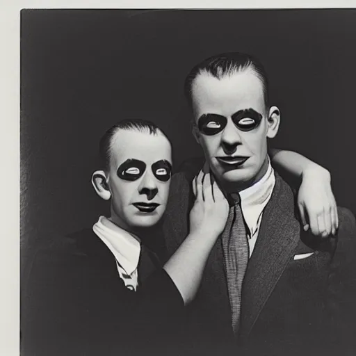 Image similar to a monochromatic studio portrait photograph of a two - headed man from the 1 9 4 1 movie freaks, in the style of diane arbus, dramatic lighting