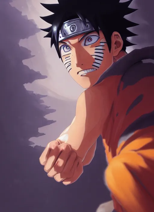 Image similar to highly detailed portrait of naruto uzumaki with black hair, punching a wall in a prison cell, art by greg rutkowski, loish, rhads, ferdinand knab, makoto shinkai and lois van baarle, ilya kuvshinov, rossdraws, tom bagshaw, global illumination, radiant light, detailed and intricate environment