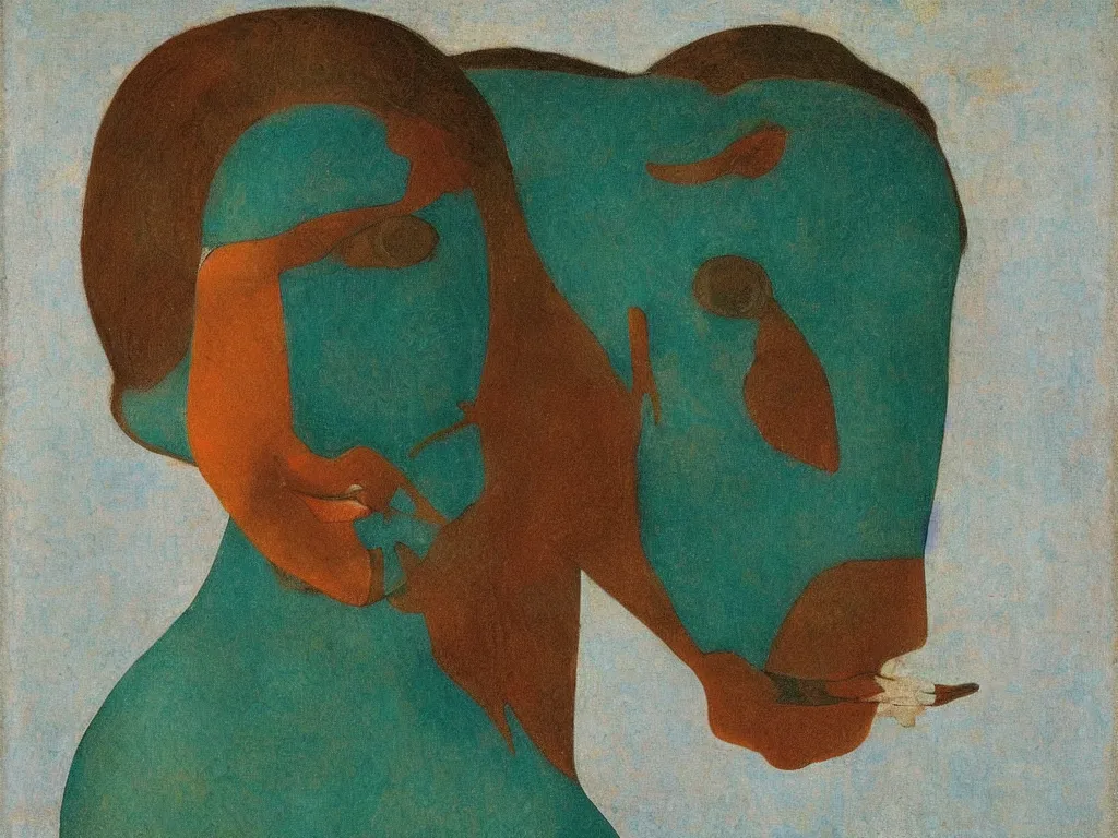 Image similar to portrait of a woman head, negative horse head with close up exotic betta fish. turquoise, malachite, cinnabar, earth brown painting by piero della francesca, balthus, agnes pelton