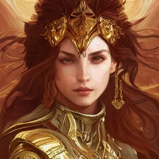 Prompt: portrait knights of Zodiac girl, golden and copper armor, sci-fi, fantasy, intricate, very very beautiful, elegant, highly detailed, digital painting, artstation, concept art, smooth, sharp focus, illustration, art by artgerm and WLOP and alphonse mucha