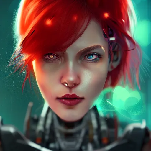 Image similar to a portrait of a beautiful cyborg girl, red hair, glowing green eyes, urban motifs, intricate, elegant, highly detailed, digital painting, trending on artstation, concept art, smooth sharp focus, illustration, raytracing, 8 k rendering, global illumination