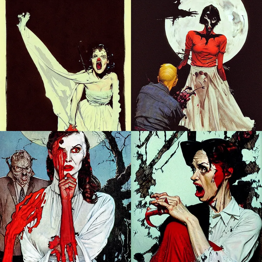 Prompt: style of Norman Rockwell and Rafael Albuquerque comic book art:: female ghost with white dress:: ghastly full face woman, scary horrible witch look on face, screaming angry:: extremely long nails, red:: floating over a lake:: night time, dark, full moon::2 scary terrifying horror::