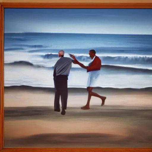 Image similar to Walter White hugging Barak Obama on the beach, sunset, zoomed in