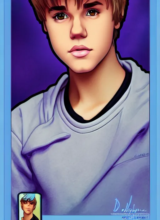 Image similar to cute justin bieber trading card design, natural lighting, path traced, highly detailed, high quality, digital painting, by don bluth and ross tran and studio ghibli and alphonse mucha, artgerm