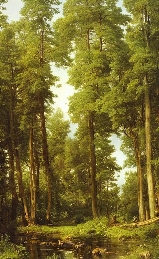 Prompt: artwork painting of a lush environment by eugene von guerard, ivan shishkin