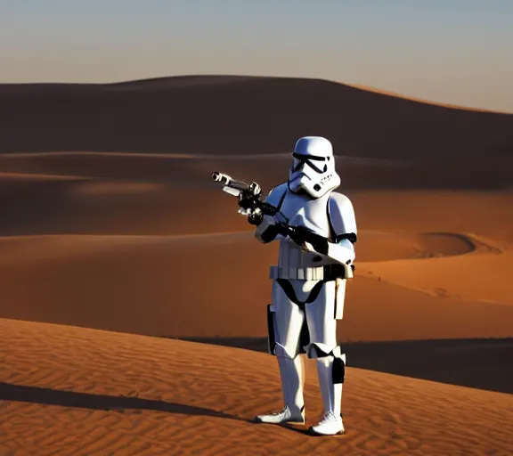 Prompt: a star wars stormtrooper in the desert, dunes, sun, haze