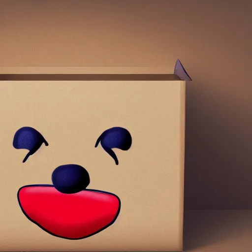 Prompt: a cardboard box with a clown peeking out if it, realistic