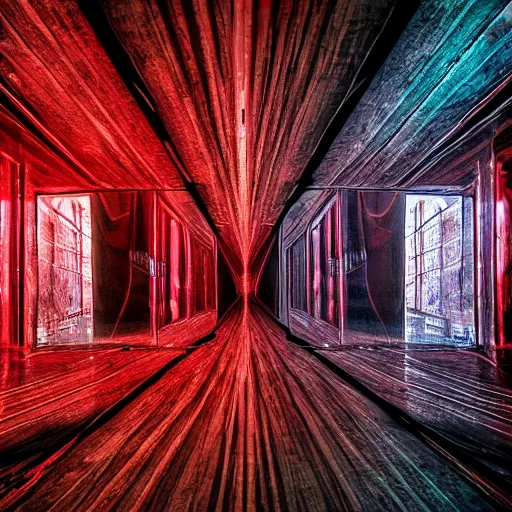 Prompt: dark matter red art house future schizophrenia limbo hipper reflection in the mirror room stratification of consciousness full HD 8K resolution