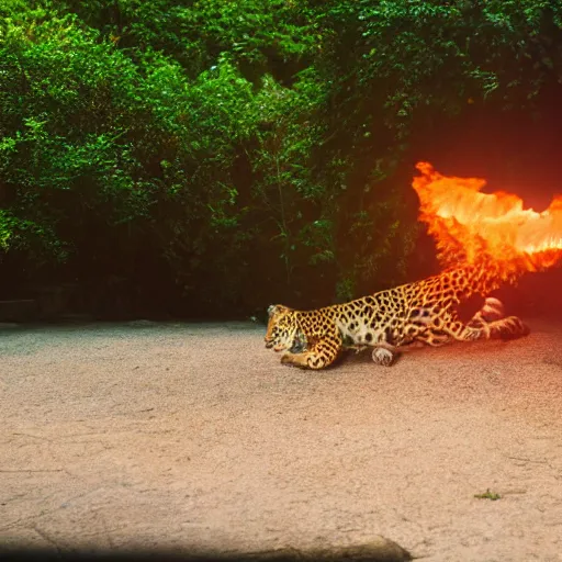 Image similar to jaguar breathing fire in a zoo global illumination