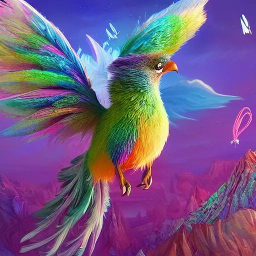 Image similar to a beautiful detailed 3d matte painting of a feathered critter sparkling with colourful energies in a brilliantky coloured fantasy setting, by beeple and ellen jewett and alex horley and Alexander Jansson, magical realism, hyperrealistic, ultrawide angle, smooth, texture, intricate, fantasy, trending on artstation, polarizer filter, volumetric lighting, micro details, 3d sculpture, octane render, 8k