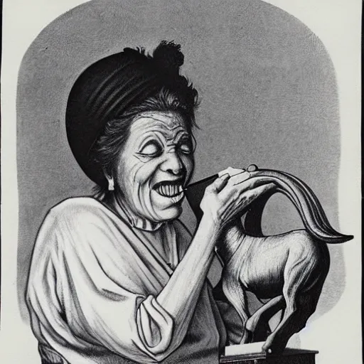 Prompt: a surrealist image of an old woman swallowing a whole goat in one gulp