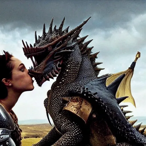 Image similar to a knight kissing a dragon. Amazing movie still.