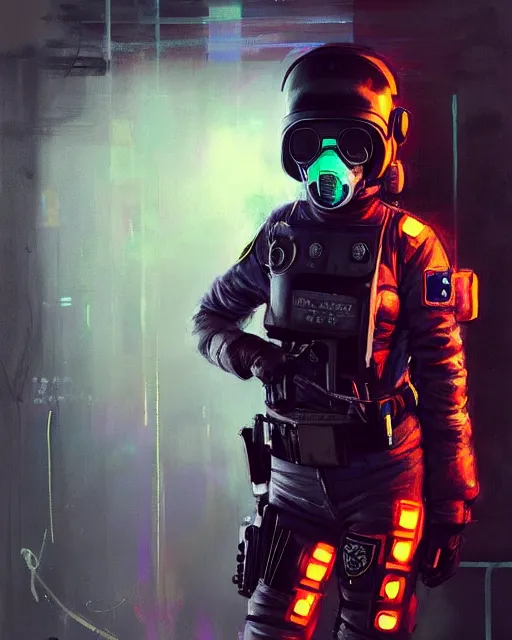 Image similar to detailed portrait neon female swat officer, cyberpunk futuristic, neon, gas mask, reflective puffy coat, decorated with traditional japanese by ismail inceoglu dragan bibin hans thoma greg rutkowski alexandros pyromallis nekro rene margitte, fire & smoke, illustrated, perfect face, fine details, realistic shaded, fine - face, pretty face