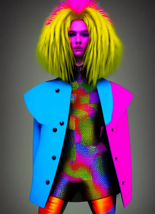 Image similar to stylish coat for a rave, bright colors, many details, prints, photo for a magazine, photo for a store, fashion photography, Vogue, 135 mm, cinematic, hyper realism, high detail, octane render, 8k, chrome accents, very coherent symmetrical artwork, perfect face model, full length photo, Upper and lower body