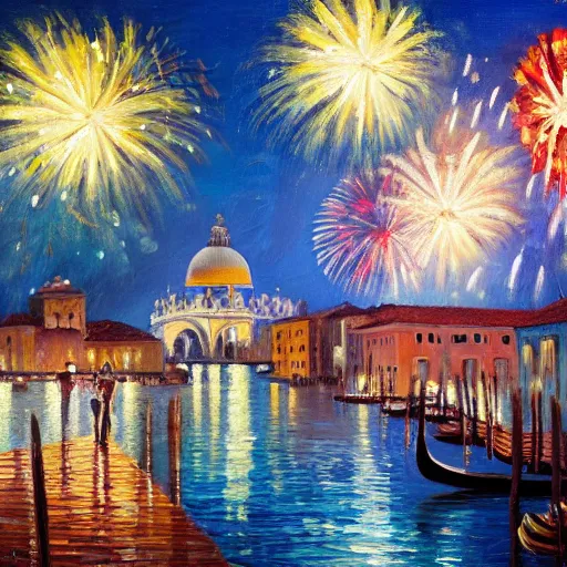 Image similar to an oil painting of couple kissing, in a background fireworks in venice