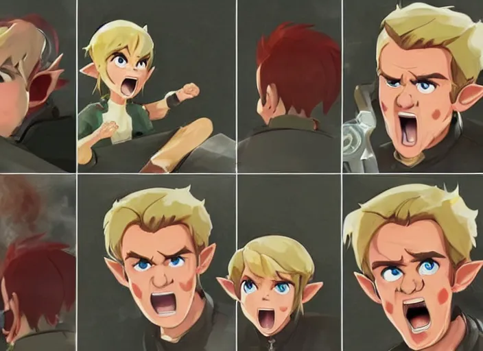 Prompt: gordon ramsey yelling screaming at link with a shocked expression from zelda for cooking burnt food in the style of breath of the wild, artstation, krenz cushart, makoto shinkai