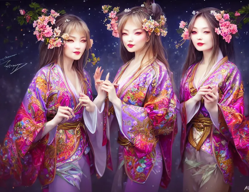 Image similar to two beautiful alluring siberian girls wear fantasy kimono in festival | | sunny night, full moon, dreamlike art, realistic shaded, smile, good looking, hyper details, 4 k realistic, cryengine, realistic shaded lighting poster by artgerm, ross tran, fuji choko, 8 k resolution, trending on artstation, luxury