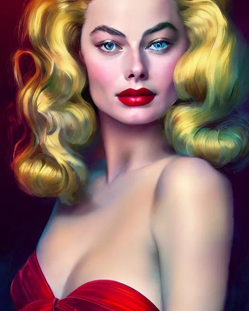 Prompt: Beautiful portrait of margot robbie as a heroine by wlop, rossdraws, Gil Elvgren, Alberto Vargas, mingchen shen, arney freytag, artstation, fantasy, Suze Randall, vibrant color, beach, ocean, octane, 4k