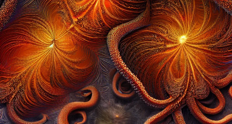 Prompt: Close up of intricate Vladimir Kush mandelbulb fractal, made of fireworks and octopus, ultra detailed, fractal art, cgsociety, artstation