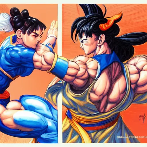 Prompt: chun li fighting goku in street fighter v by magali villeneuve