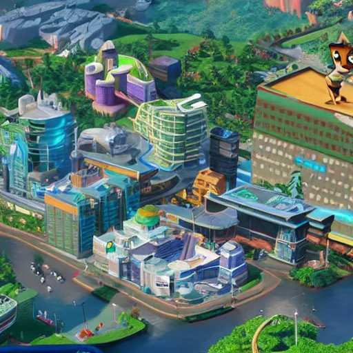 Image similar to The isometric perspective and UI of the PC game SimCity, applied to Zootopia by Disney.