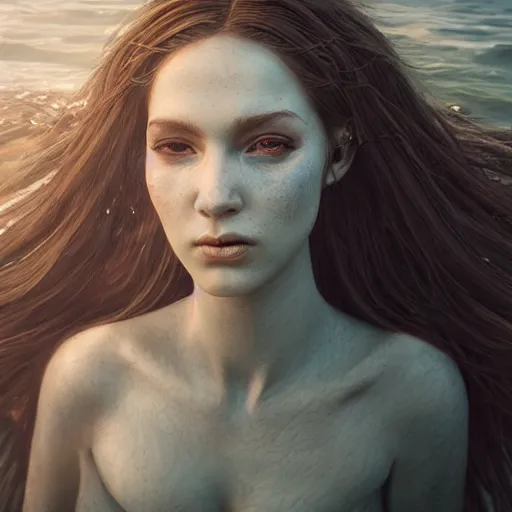 Image similar to photo realistic image of a mermaid, stunning 3 d render inspired art by istvan sandorfi and greg rutkowski, perfect facial symmetry, realistic, highly detailed attributes and atmosphere, dim volumetric cinematic lighting,