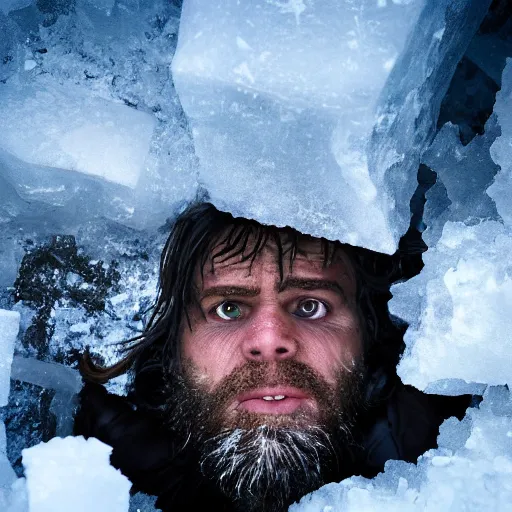 Prompt: caveman encased in a huge block of ice. national geographic. contest winning. trapped, stuck, fixed, immobile, surrounded, snowy