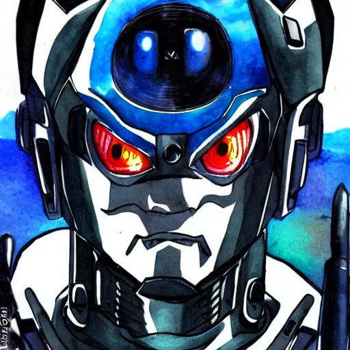 Image similar to robotic face, mecha face, anime style, akira style, watercolors, black and blue colors