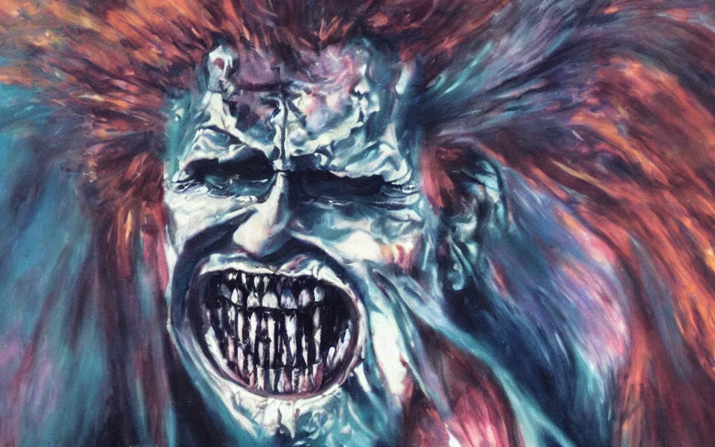 Prompt: movie still from the man who laughs, award winning oil painting, iridescent color palette