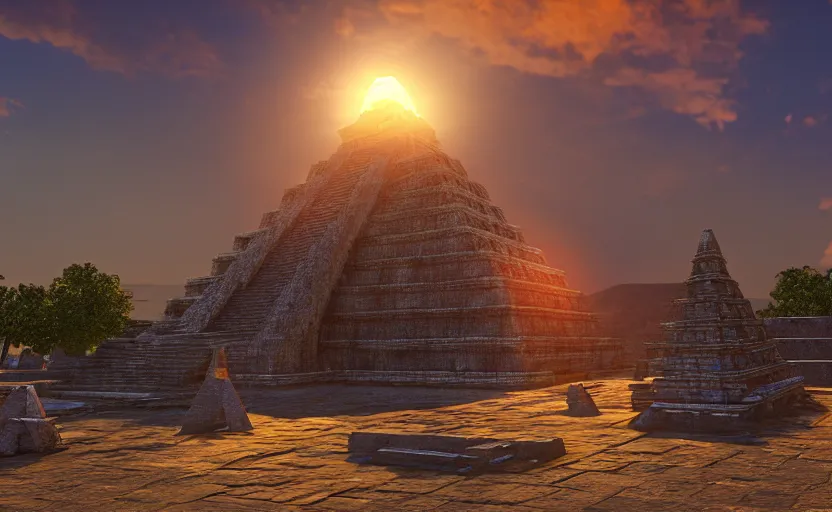 Image similar to crystal tetrahedron in the middle of an aztec temple, sunset, godrays, orange and blue sky, volumetric lighting, a high - quality render, photorealistic, unreal engine 5