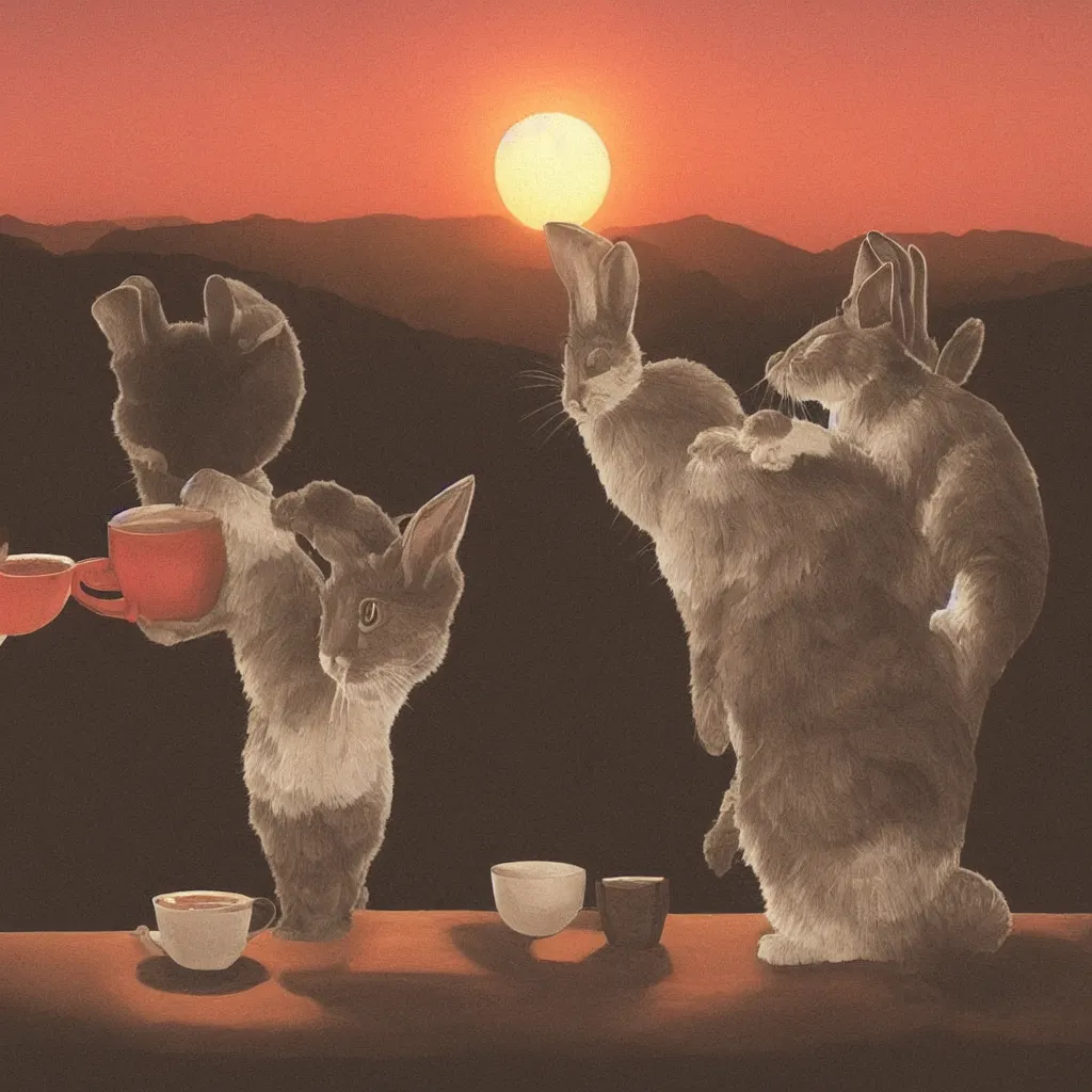 Image similar to a cat and a rabbit sit and drink coffee in the sunset