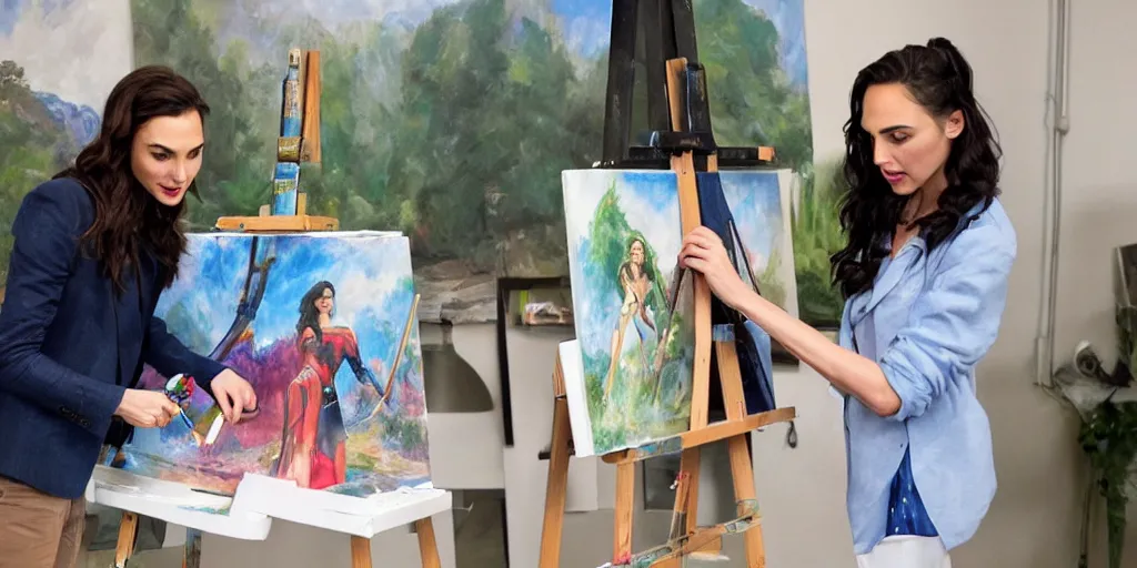 Image similar to gal gadot, stands at a her easel, dressed as wonder woman, paints beautiful landscape art, soft focus, long exposure