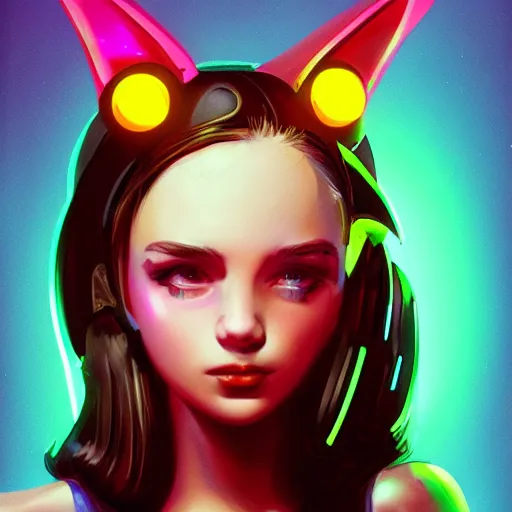 Prompt: portrait of a cute young woman with robot ears and eyes, 4k, sharp focus, neon colored fluorescent lighting, Andreas Rocha