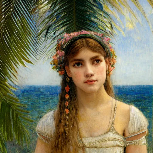 Image similar to a ultradetailed beautiful painting of a girl in the amazonas palace balustrade designed by jules bastien - lepage, tarsila do amaral, frank weston and gustave baumann, beach, trending on artstation, mediterranean, palm trees, hyper detailed face, sharp focus, soft light, 8 k 4 k