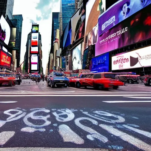 Prompt: Photo of Times Square with a giant sinkhole in the middle of the road, a starry galaxy is visible in the sinkhole, award-winning photograph, 8k, hyper-realistic