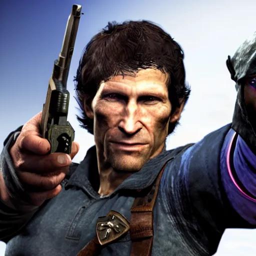 Image similar to todd howard pointing a gun towards the camera and forcing you to buy skyrim, threatening, sharp, cinematic, colorful, digital, neon, bright