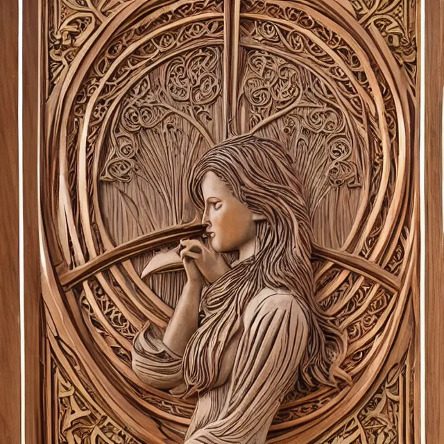 Prompt: a 3 d bas - relief wooden art nouveau carved sculpture of a young molly ringwald with long hair blowing in the wind, in front of a delicate tracery pattern, intricate and highly detailed, well - lit, ornate, realistic