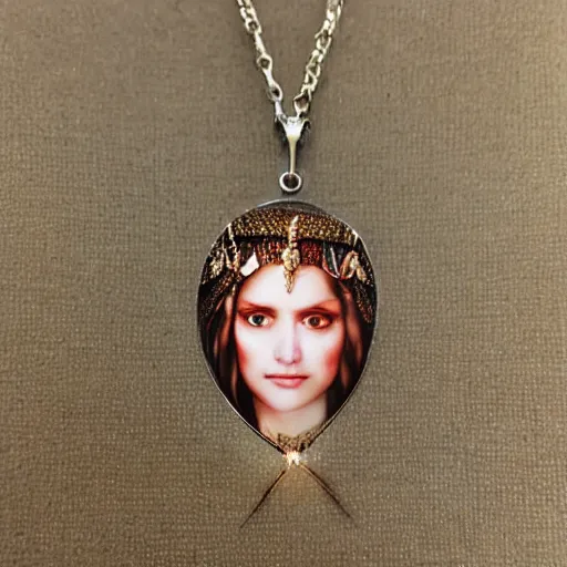 Image similar to necklace helen of troy on a young beautiful woman neck, hyper realistic,