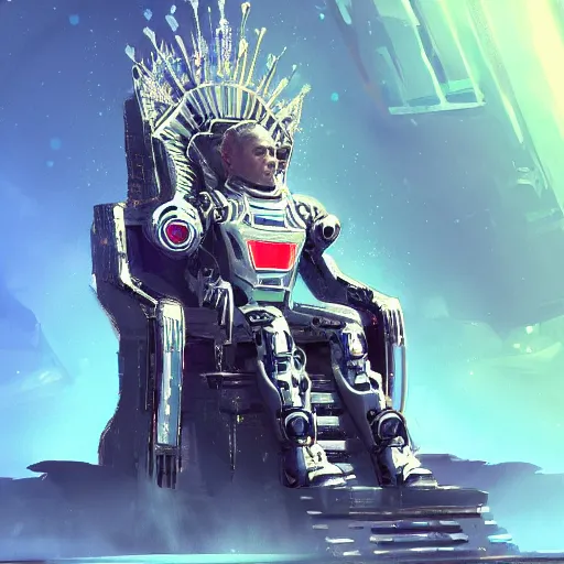 Image similar to Highly detailed digital painting of sci-fi futuristic AI king on robotic futuristic throne Trending on Artstation HQ, 4K, UHD, High quality, cyberpunk