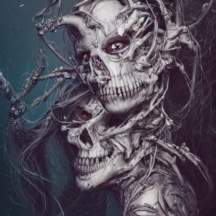 Image similar to portrait of Riae as a skeleton. intricate abstract. intricate artwork. nightmare fuel. by Tooth Wu, wlop, beeple, dan mumford. octane render, trending on artstation, greg rutkowski very coherent symmetrical artwork. cinematic, hyper realism, high detail, octane render, 8k, iridescent accents