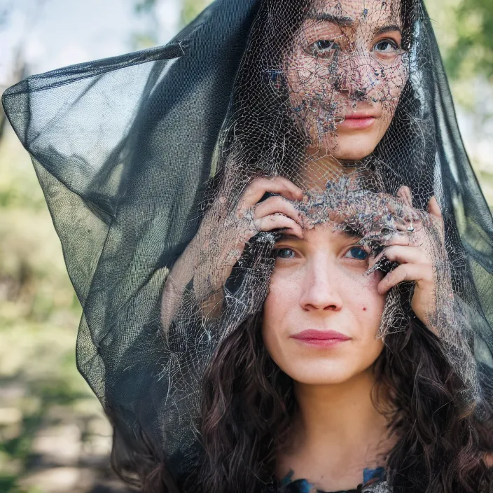 Prompt: a closeup portrait of a woman wearing a veil made of birds, in an abandoned theme park, by omar z. robles, canon eos c 3 0 0, ƒ 1. 8, 3 5 mm, 8 k, medium - format print