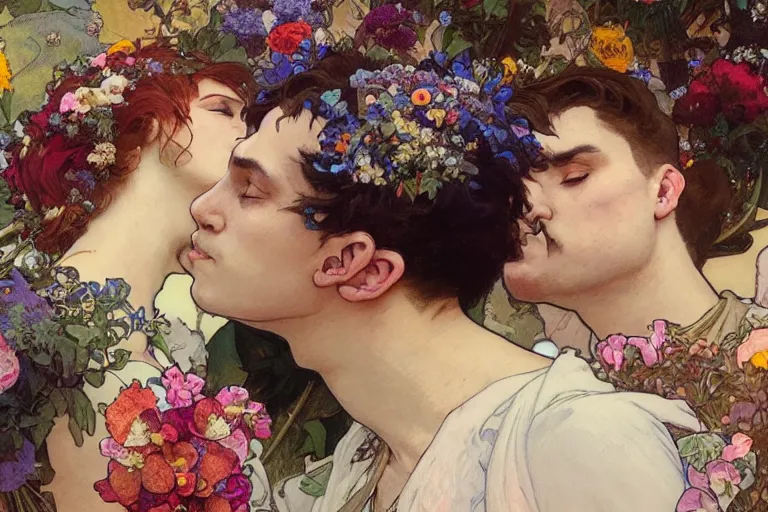 Image similar to the groom kisses the bride at a wedding full of flowers, bright and happy, dreamlike art, highly detail, 4 k realistic, wedding photoy krenz cushart. artem demura. alphonse mucha. yoji shinkawa artgerm. jon lothian. danilo torres. adi meyers. thomas reimann. gaston bussiere.