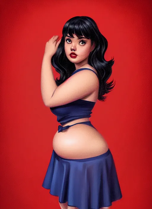 Image similar to full body portrait of teenage veronica lodge, obese, bangs, sultry, realistic, sultry smirk, wavy hair, red skirt, fat, belly, intricate, elegant, glowing lights, highly detailed, digital painting, artstation, concept art, smooth, sharp focus, illustration, art by wlop, mars ravelo and greg rutkowski