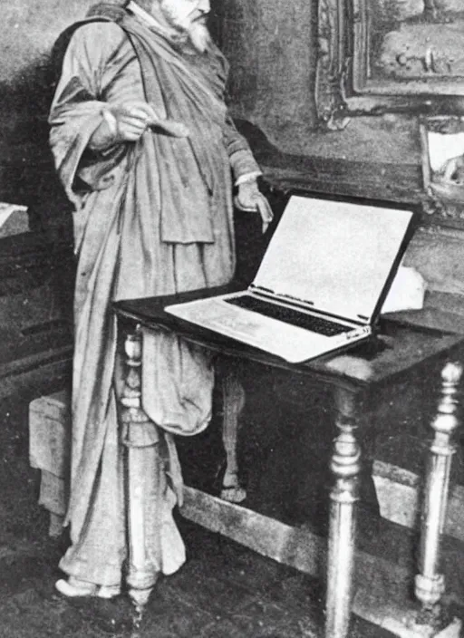 Prompt: old photo of Roman emperor using a laptop computer