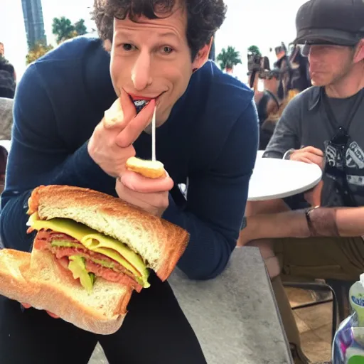 Prompt: andy samberg eating a sandwich