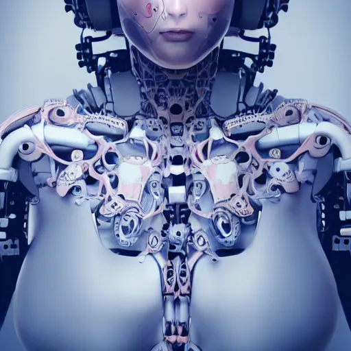 Prompt: An extremely beautiful biomechanical female looking robot with Emoji tattoos, chimeric organism, pale skin, organic polycarbon, full frontal portrait, ex machina, highly detailed, mendelbrot fractal, ray tracing, hyperdetailed, hyperrealistic, oppai cyberpunk, octane render, hdr, uhd 4k